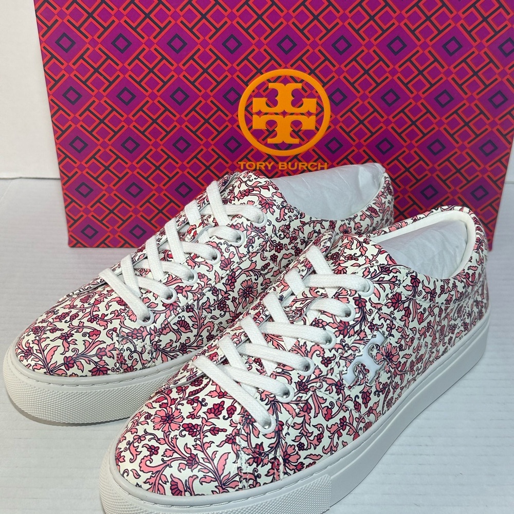 Tory Burch Amalia Women's White and Pink Floral Printed Calf Leather Sneakers